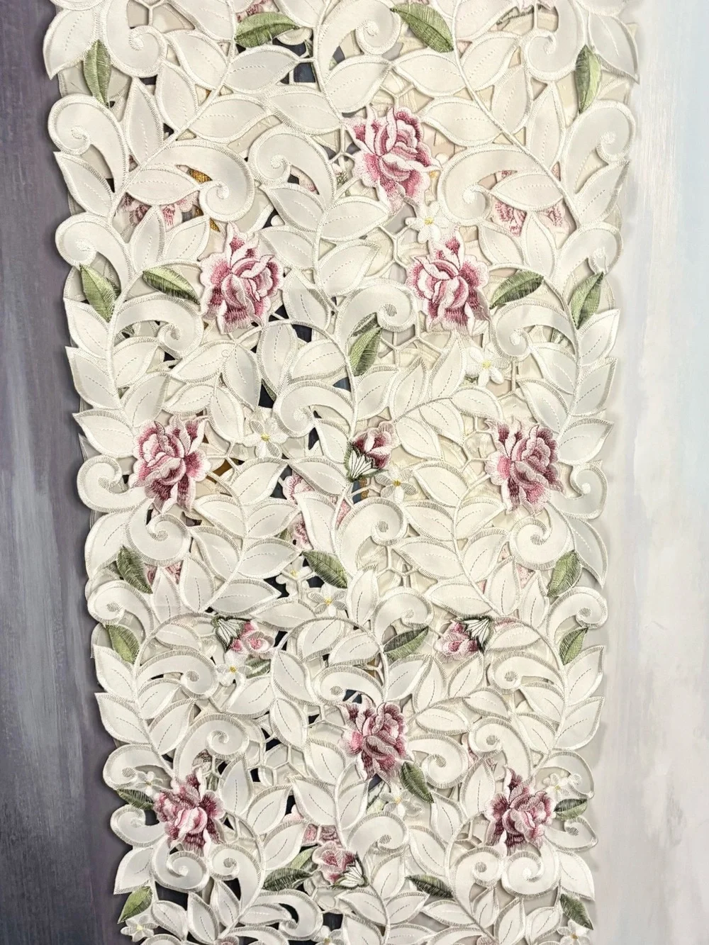 68” Embroidered Floral Cutwork  Table Runner Garden French Country Cottagecore